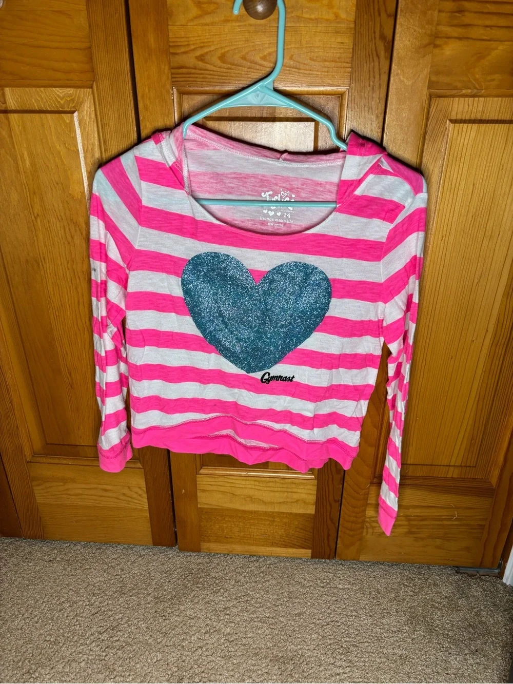 Justice Pink & White Striped Long Sleeve Tee with Teal Glitter Heart